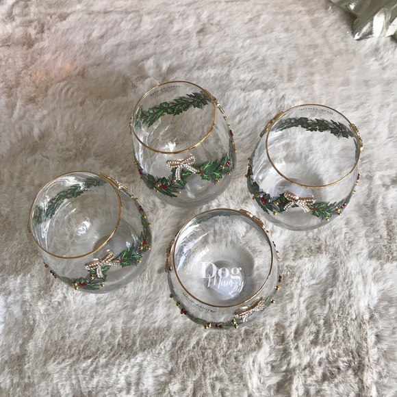 4 Gold Rimmed Holly Berry Ribbon Bow Christmas Stemless Wine Glass - Picture 7 of 8
